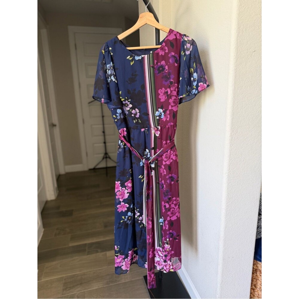 Maison Tara Two-Tone Floral Midi Dress in Navy and Magenta 10